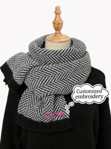 1pc Striped Polyester Scarf/Shawl, Autumn/Winter Reversible Warm Soft Touch Scarf, Unisex, Knitted Herringbone Pattern, Fashionable Gift For Students And Couples