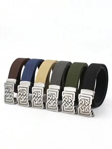 1 条男士压花几何扣尼龙帆布腰带，休闲青年皮带，推荐男士配饰，耐用无扣休闲编织独特时尚腰带 - 彩色 - 查看 2