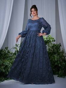 大码高端长款灯笼袖圆领透视蕾丝刺绣晚礼服、伴娘服