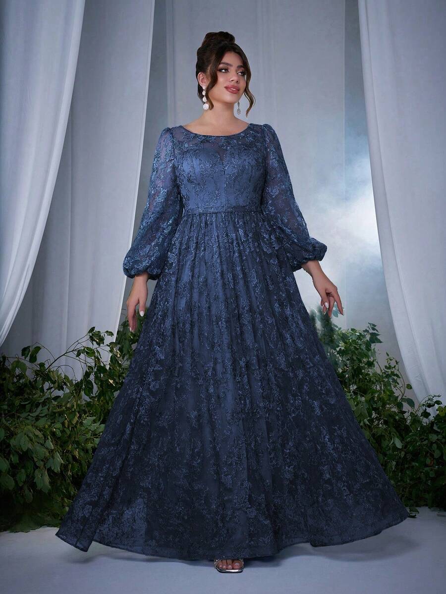 大码高端长款灯笼袖圆领透视蕾丝刺绣晚礼服、伴娘服