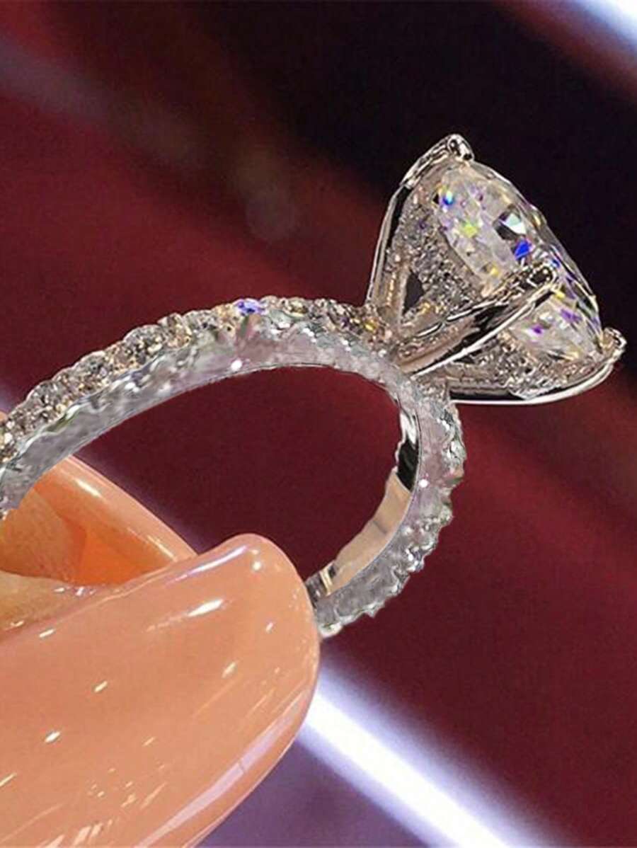 1個新款閃亮鑽石圓環女戒,時尚訂婚或求婚戒指 - 銀色 - 查看 1