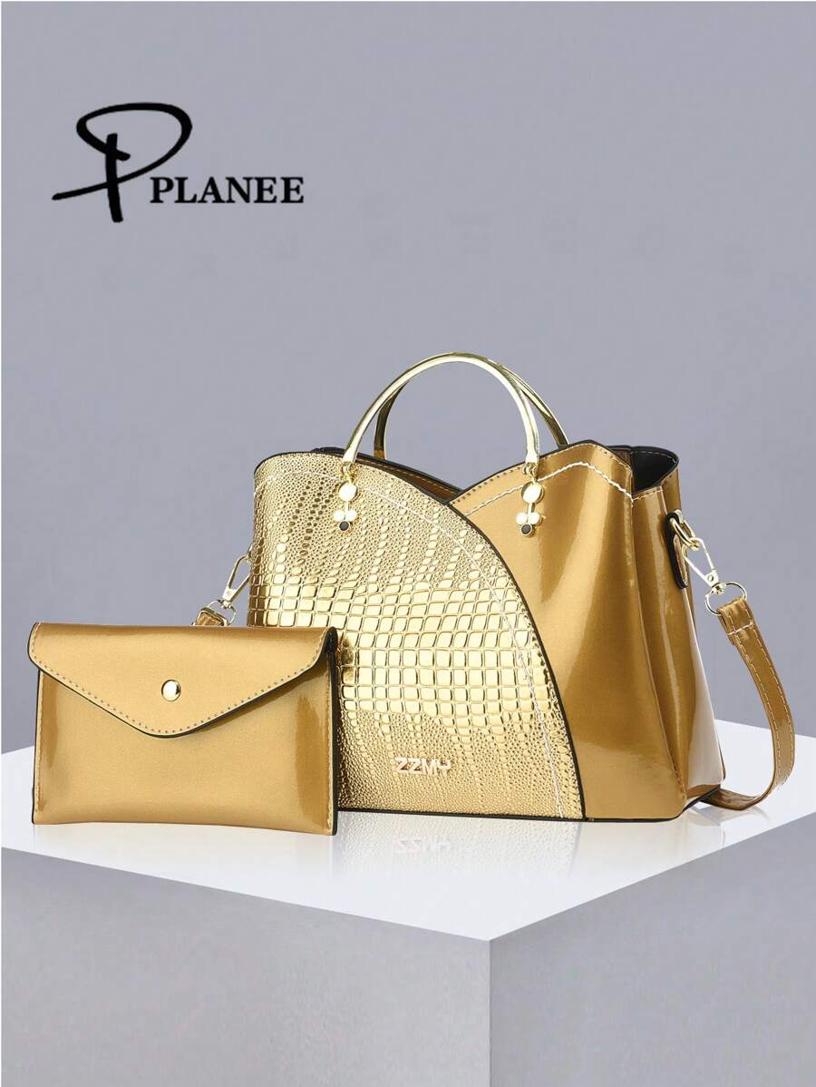 PLANEE 2 Pieces/Set Fashionable Handbag Set, Crocodile Pattern Elegant Handbag For Women, High-End Glossy Women's Bucket Bag, Shoulder Bag, Large Capacity Crossbody Bag, Coin Purse, Fashionable Women's Office Bag And Business Casual Bag, Suitable For Office, Business, Fashionable And Atmospheric Mom Women's Commuting Bag Mother's Day Gift - Gold - View 1