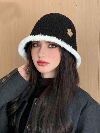 1 件多色条纹毛绒渔夫帽，温暖的护耳针织帽，带有金属花朵装饰，休闲优雅的复古别致街头服饰，适合秋冬户外、滑雪、旅行、派对、日常使用