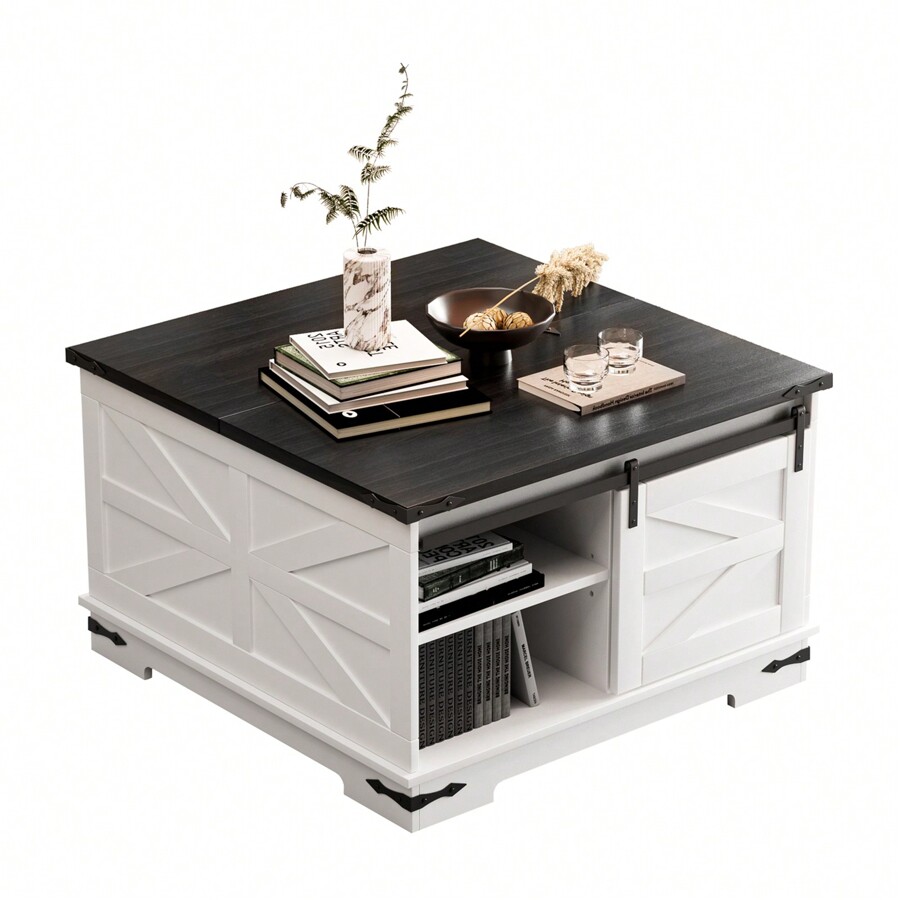 Storage Coffee Table, Modern Farmhouse Coffee Table, Square Wood Center