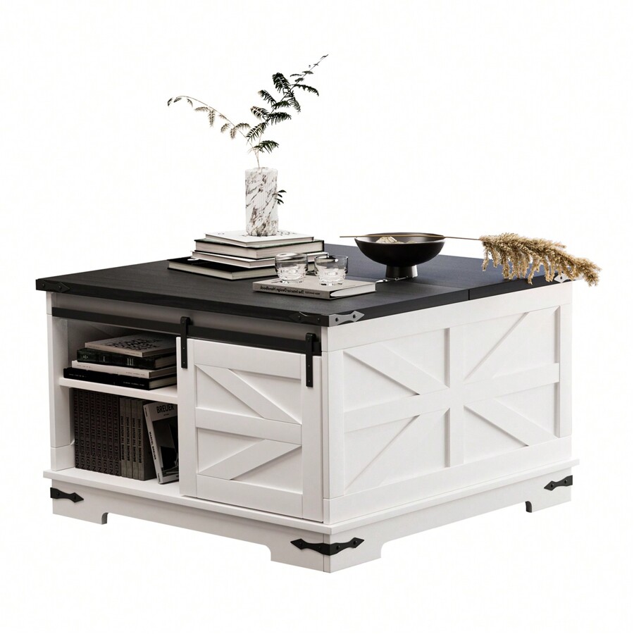Storage Coffee Table, Modern Farmhouse Coffee Table, Square Wood Center