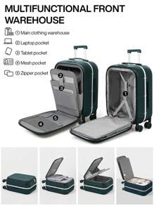 20 Inch Front-Opening Travel Suitcase Aluminum Frame Trolley Case Carry On Luggage With Laptop Compartment & Luggage Cover For Business Travel Vacation, Dark Green Suitcases Suit Case Travel Luggage Waterproof Carry On Suitcase Hand Luggage Carry On Holiday Winter