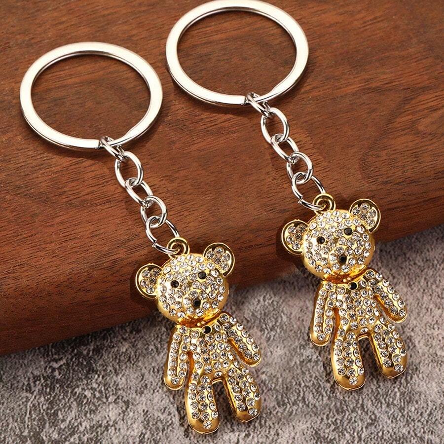 Bộ 2 móc khóa gấu đính đá, Quà tặng tiệc dễ thương & tinh tế, Móc khóa gấu cho nam và nữ, Trang trí túi xách - Vàng - Xem 1