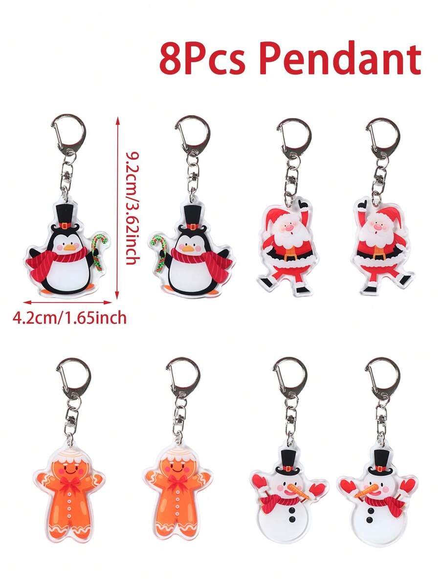 8pcs Mixed Christmas Key Chains Penguin Santa Claus Snowman Gingerbread