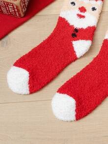 1 Pair Men's Comfortable Casual Coral Fleece Christmas Santa Claus Pattern Mid-Calf Socks, Winter - Red and White - View 4