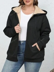 Women's Plus Fleece Thick Hooded Coat With Pockets, Warm Winter