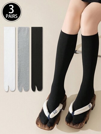 3 Pairs (Assorted Colors) Women Two-Toe Solid Color Knee Socks, Minimalist Toe Separator Socks, Versatile Daily Wear