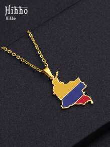 Hihho 1 pièce Collier pendentif en acier de titane avec carte de Colombie, collier avec chaîne en boîte plaqué or 18 carats, collier unisexe en acier inoxydable pour couple, convient pour un port quotidien, cadeau de vacances