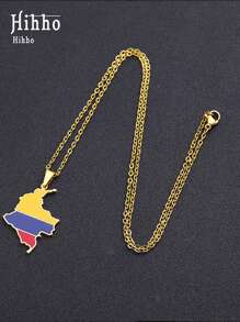 Hihho 1 pièce Collier pendentif en acier de titane avec carte de Colombie, collier avec chaîne en boîte plaqué or 18 carats, collier unisexe en acier inoxydable pour couple, convient pour un port quotidien, cadeau de vacances