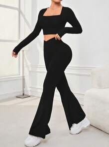 Women's Solid Color Long Sleeved Top And Flared Pants Sportswear Set - Black - View 5