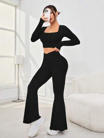 Women's Solid Color Long Sleeved Top And Flared Pants Sportswear Set