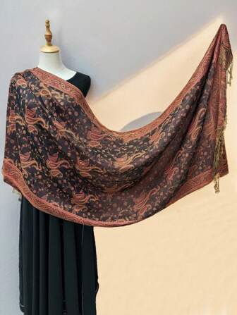 1 件时尚佩斯利流苏羊绒提花保暖复古围巾披肩，适合日常装扮装饰