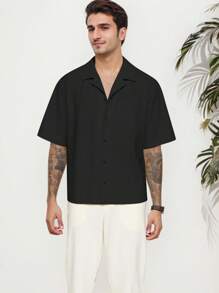tooluck Men's Short Sleeve Dress Shirts Stretch Casual Button Down Shirts Solid Formal Shirt - 黑色 - 查看 4