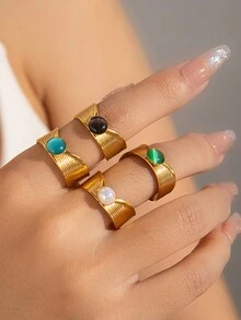 1 chiếc nhẫn mạ vàng thép không gỉ cổ điển dành cho phụ nữ, thích hợp cho cuộc sống hàng ngày, tiệc tùng và đi chơi - nhẫn - Xem 3