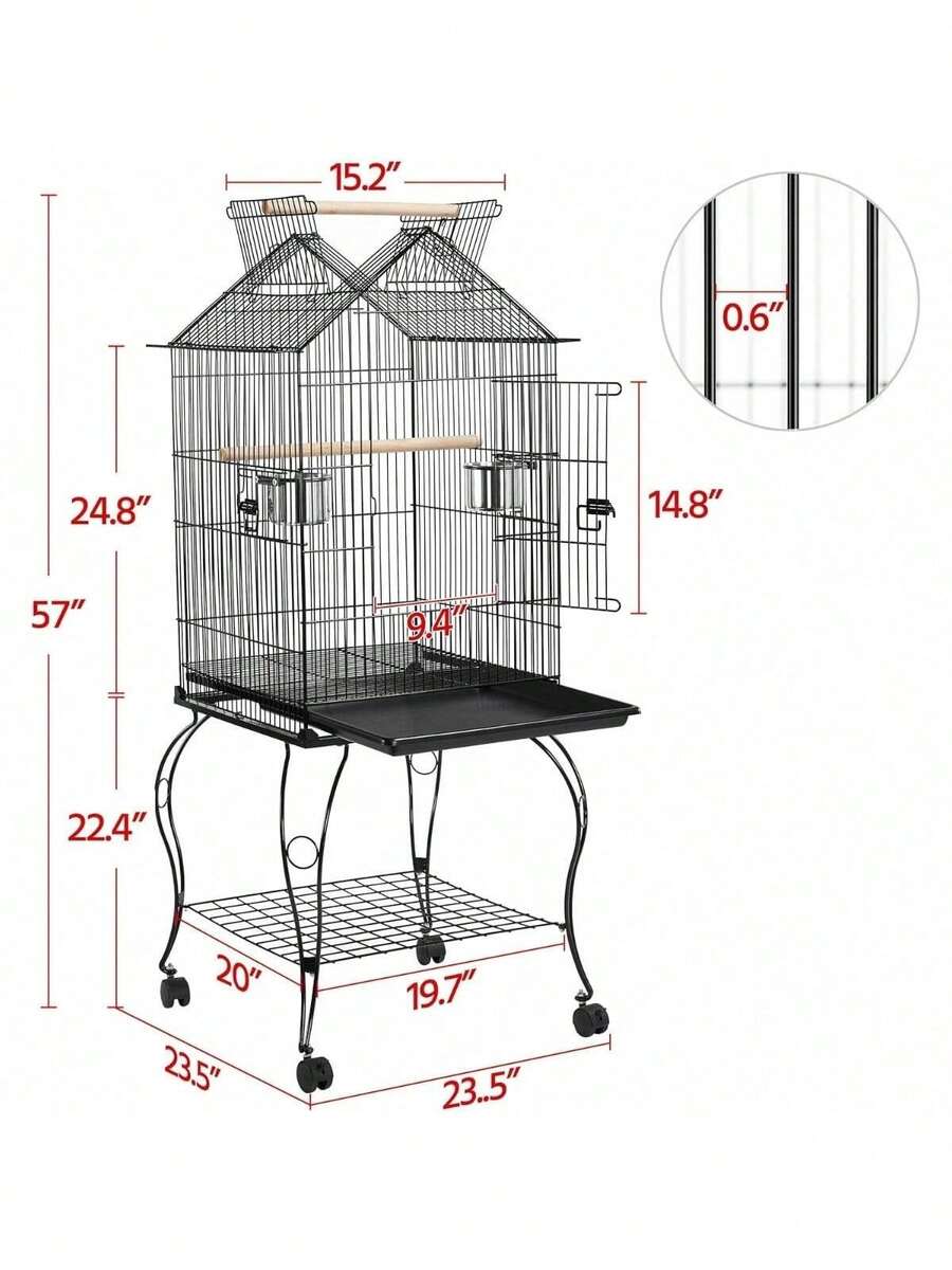 57Inch Rolling Open Top Roof Bird Cage For MidSized Parrots