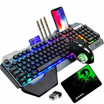 2.4 GHz Wireless Gaming Keyboard Mouse Set,USB-Receiver Mechanical Feel Rainbow Backlight Rechargeable 3800mAh Battery Keyboard Detachable Palm Rest +7 Colors LED Gaming Mouse For PC Writers/Gamers