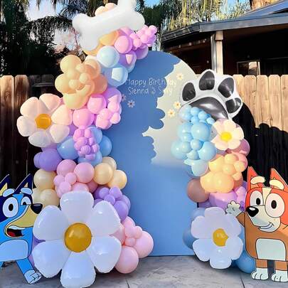 Set de 140 piezas para arco de globos en azul - Incluye globos de color azul claro, naranja, lavanda, flores de margarita, globos de aluminio con diseño de patitas de cachorro, adecuado para regalos de niños, niñas, cachorro, decoración de fiesta de cumpleaños