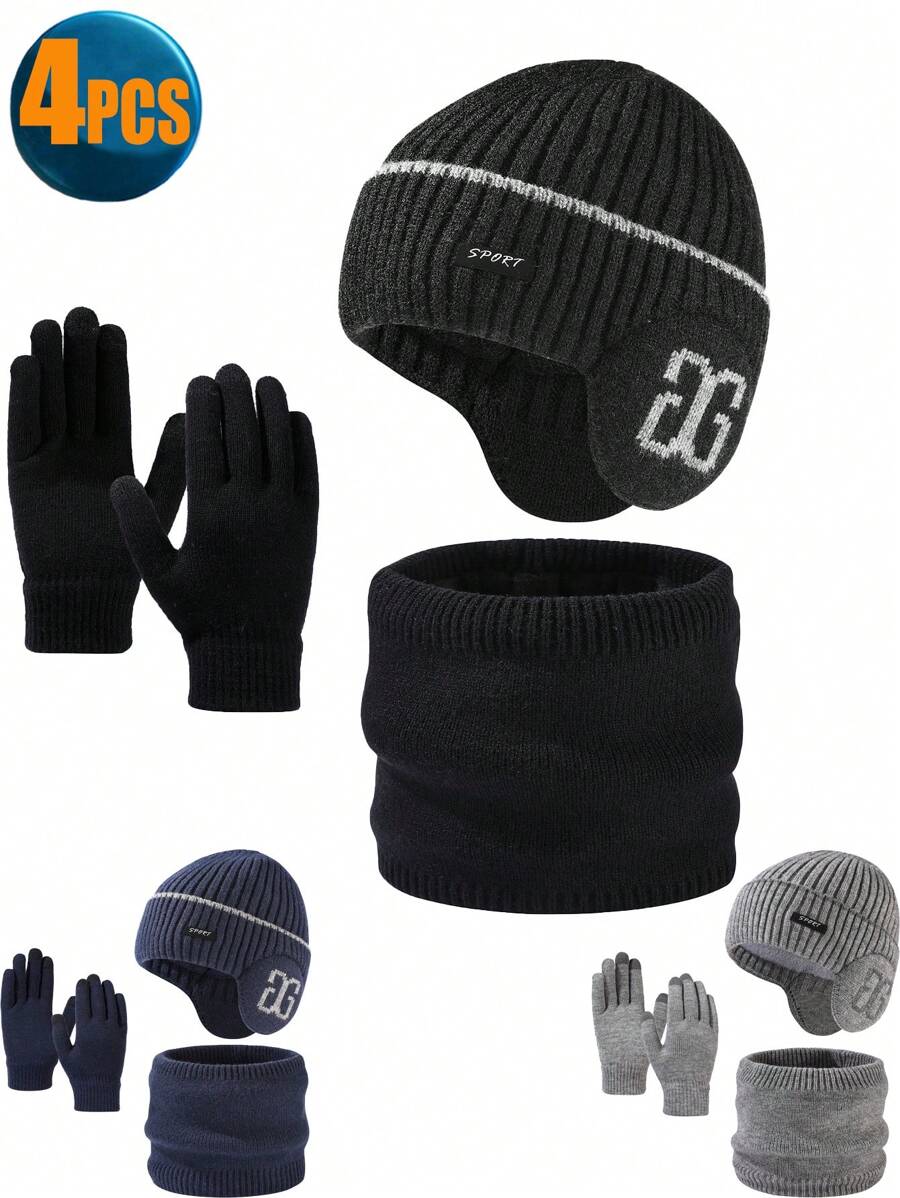 4 件套 12-16 岁 18-24 岁冬季无檐小帽、围巾、手套和耳罩套装 - 针织无檐小帽、触屏手套、颈部保暖器、耳罩，适合青少年男孩和女孩的冬季礼物