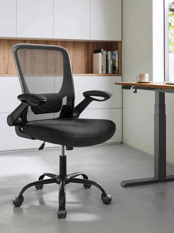 SONGMICS Silla de Oficina ergonómica de Lona, sillón, Soporte Lumbar Acolchado, Mecanismo basculante, Asiento Ancho de 53 cm, reposabrazos abatibles, Negro