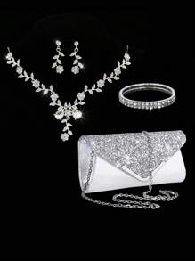 4 Peças Conjunto Feminino: Bolsa de Embreagem Fashion Cintilante, Colar, Brincos, Pulseira - Decoração de Luxo para Eventos Formais