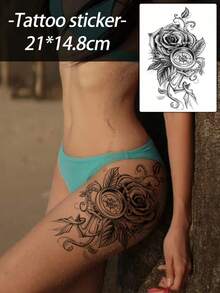 1 件黑玫瑰、锚、时钟、黑色花卉临时纹身贴纸，防水防汗性感纹身贴纸，适用于女性大腿、手臂、腹部，看起来非常真实，易于使用和去除，非常适合婚礼、音乐节、派对 - 黑色 - 查看 1