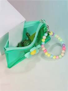 1pc Fashionable Transparent PVC Coin Purse With Floral Beaded Chain - Girl's Portable Key And Travel Wallet (Bead Color Random)