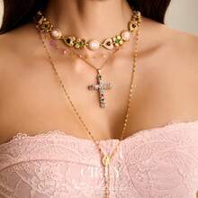 CIREY 复古多层项链，彩色锆石十字链和心形吊坠项链，可爱奢华的不对称设计 - 黃金色 - 查看 7