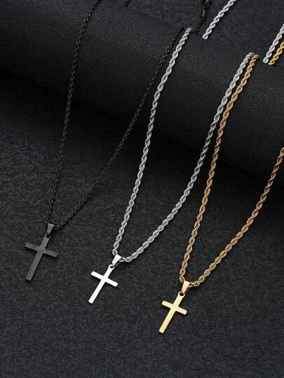 Conjunto de colar com pingente de cruz em aço inoxidável minimalista punk masculino, 3 peças, para negócios, viagens e trajes casuais - presente perfeito para o aniversário do namorado/filho