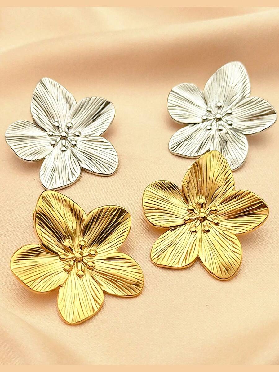 4 件 18K 镀金不锈钢粗款珠宝花朵设计耳环，派对朋克风格女士礼物 - 五葉花 - 查看 1