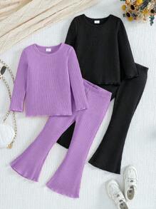4 件套年轻女孩套装 - 纯色百搭圆领长袖上衣和喇叭裤保暖套装 - 紫色 - 查看 1