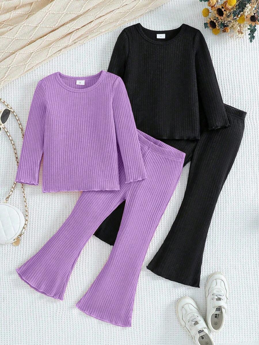 4 件套年轻女孩套装 - 纯色百搭圆领长袖上衣和喇叭裤保暖套装 - 紫色 - 查看 1