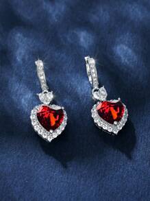 A Beautiful Silver Ocean Heart Shape With Rhinestone Unique Earrings For Ladies' Dating And Wedding Decoration Gift Valentines - Red - View 5