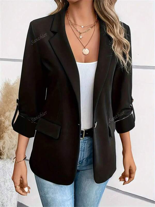 Elegant Solid Color Long Sleeve Blazer Jacket, Versatile Women Coat For Autumn And Winter