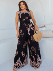 ELEGANT WOMEN'S LONG OVERALL PANTS WITH MODERN ARABESCO PRINT - 黑色 - 查看 3