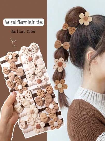 10 peças/pacote menina outono/inverno marrom flor cabelo scrunchies, bege laço laços de cabelo, adequado para rabo de cavalo, uso diário