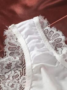 Floral Print Contrast Lace Spaghetti Strap Bra And Panty Set Two Pieces Set Women 2 Pieces Set, Lingerie - White - View 8