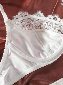 Floral Print Contrast Lace Spaghetti Strap Bra And Panty Set Two Pieces Set Women 2 Pieces Set, Lingerie - White - View 7