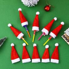 10pcs/30pcs Mini Santa Hat Cutlery Set, Christmas Wine Bottle Hat, Plush Candy Cane Hat, Christmas Decoration