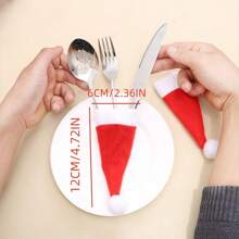 10pcs/30pcs Mini Santa Hat Cutlery Set, Christmas Wine Bottle Hat, Plush Candy Cane Hat, Christmas Decoration