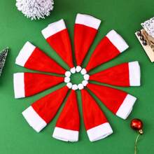 10pcs/30pcs Mini Santa Hat Cutlery Set, Christmas Wine Bottle Hat, Plush Candy Cane Hat, Christmas Decoration