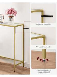 VASAGLE Mesa de Consola, Mesa de Entrada, Extremo del Sofá, Tablero de Vidrio Templado, Marco de Metal, Patas Ajustables, para Salón, Entrada, Pasillo, Dorado Pálido y Transparente - Dorado - Ver 6