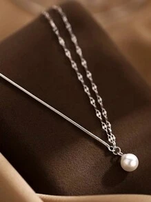 女士S925纯银仿珍珠项链配不对称拼接蛇骨链和双层锁骨链 - 銀色 - 查看 3