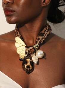 9 Peças em 1 Conjunto Colar de Contas com Estampa de Leopardo em Tecido, Fashionable & Único, Adequado para Festa Formal e Uso Diário de Mulheres - Cor leopardo marrom café - Visão 11