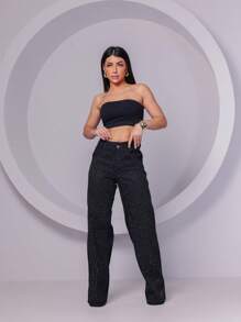 LENIS SOUZA Women's Wide Leg Jeans With Shiny Party Fashion - 黑色 - 查看 7