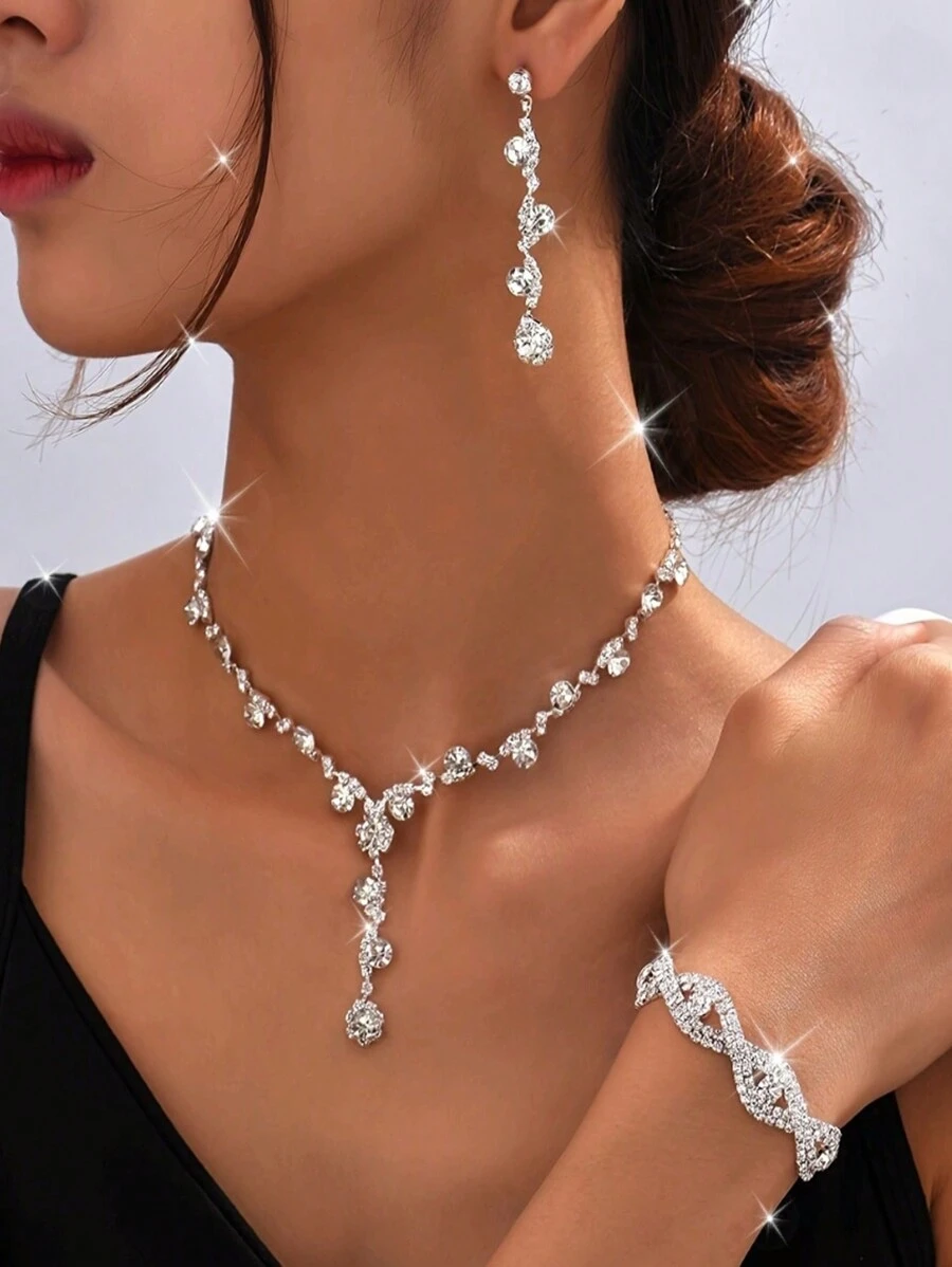 1 Đôi Hoa Tai + 1 Dây Chuyền + 1 Vòng Tay/ 1 Đôi Hoa Tai + 1 Dây Chuyền Bộ Trang Sức Sang Trọng Đính Đá Rhinestone Lấp Lánh Trang Sức Đính Hôn/ Cưới - bộ trang sức - Xem 1