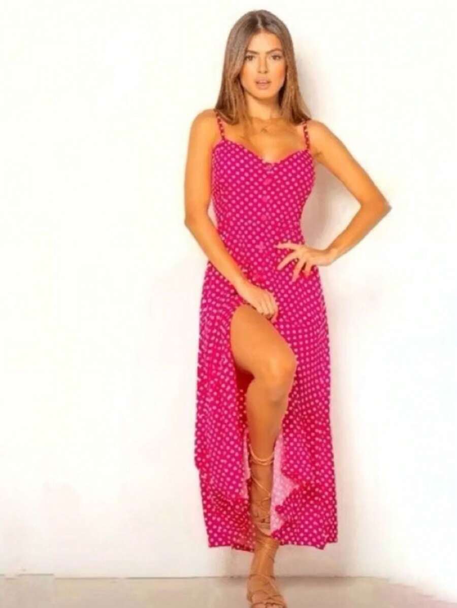 Long Crepe Dress With Padded Cups And Buttons H-1 - Watermelon Pink - View 1